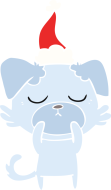 Bir insan tarafından çizilmiş Noel Baba şapkası takan bir köpeğin düz renk çizimi.