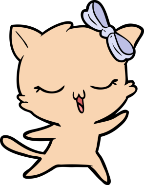 Bir insan tarafından çizilmiş kafasında yay olan dans eden bir kedi.