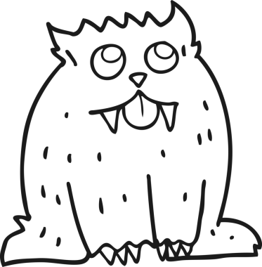 Bir insan tarafından çizilmiş siyah beyaz çizgi film canavarı.