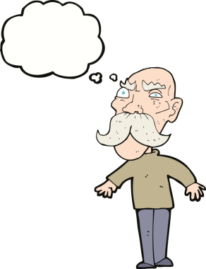 Bir insan tarafından çizilmiş düşünce baloncuğu olan kızgın yaşlı bir adam.