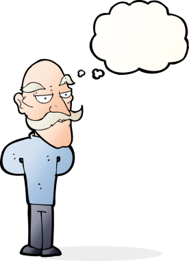 Düşünce baloncuğu çizilmiş bıyıklı yaşlı bir adam.