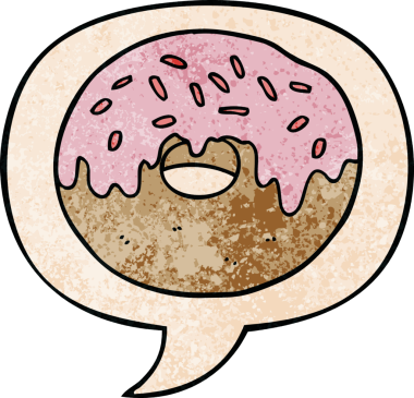 Konuşma baloncuklu çizgi film donutu insan tarafından çizilmiş eski moda dokular.