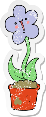 Bir insan tarafından çizilmiş şirin bir karikatür çiçeğinin sıkıntılı çıkartması.