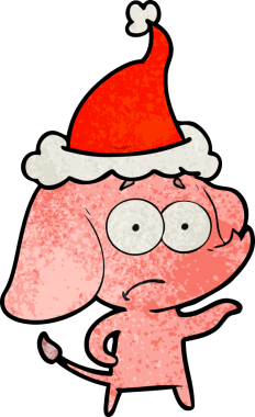 Bir insan tarafından çizilmiş Noel Baba şapkası takan belirsiz bir filin el yapımı karikatürü.