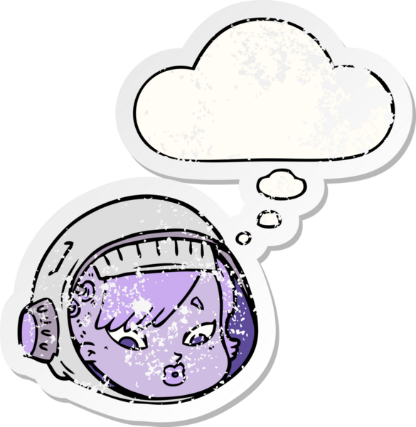 Düşünce baloncuklu karikatür astronot yüzü bir insan tarafından çizilmiş yıpranmış bir çıkartma gibi.
