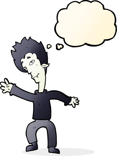 Bir insan tarafından çizilmiş düşünce balonlu cadılar bayramı vampiri çizgi filmi.