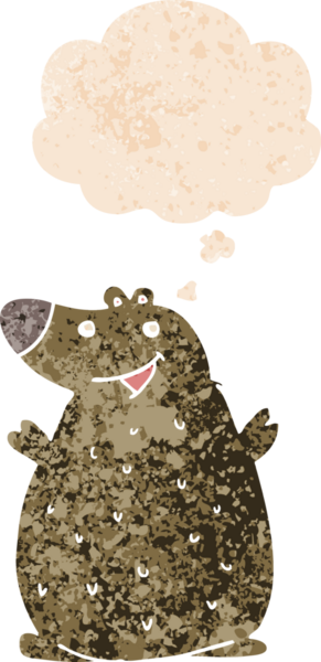 Düşünce baloncuklu çizgi film mutlu ayı grunge sıkıntılı retro tarzı bir insan tarafından çizilmiş