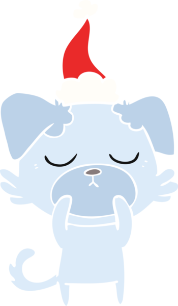 Bir insan tarafından çizilmiş Noel Baba şapkası takan bir köpeğin düz renk çizimi.