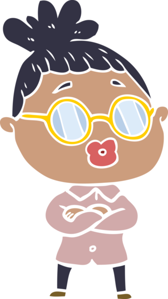 Düz renkli karikatür kadın bir insan tarafından çizilmiş gözlük giyiyor.