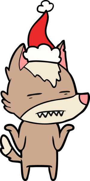 Bir insan tarafından çizilmiş Noel Baba şapkası takan bir kurdun el çizimi.