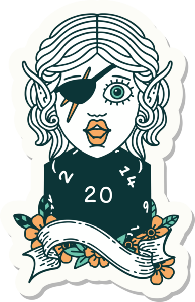 Bir insan tarafından çizilmiş 20 zarlı bir elf hırsızının çıkartması.