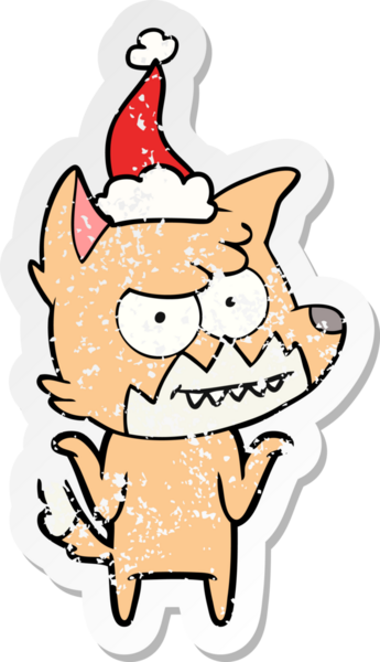 Bir insan tarafından çizilmiş sırıtan Noel Baba şapkası giymiş bir tilkinin el çizimi.