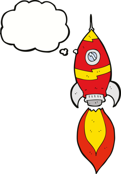 Bir insan tarafından çizilmiş düşünce baloncuklu bir uzay gemisi.