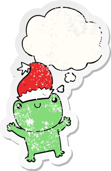 Düşünce baloncuklu Noel şapkası takan sevimli kurbağa dertli bir insan tarafından çizilmiş bir çıkartma.