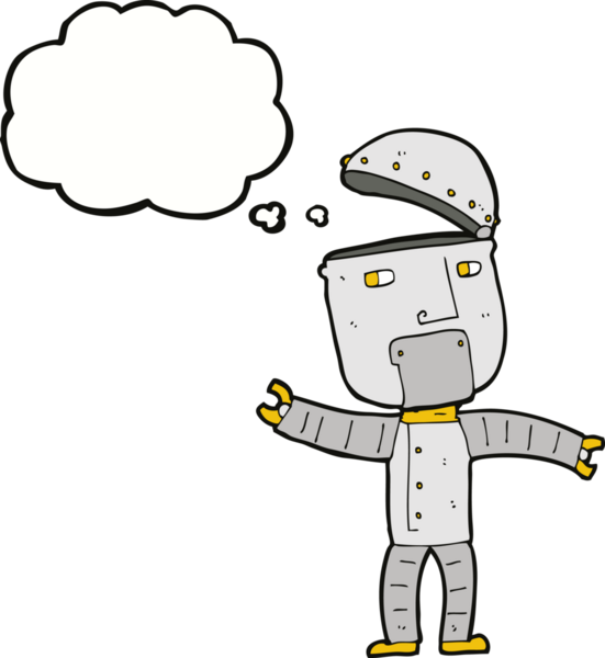 Bir insan tarafından çizilmiş düşünce baloncuklu komik robot.