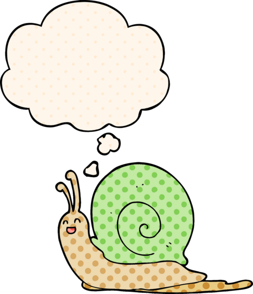 çizgi roman tarzında bir insan tarafından çizilmiş düşünce baloncuklu çizgi film salyangozu.