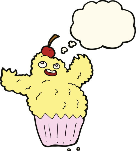 Bir insan tarafından çizilmiş düşünce balonlu kek canavarı.