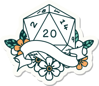 Bir insan tarafından çizilmiş 20 D20 zarının çıkartması.