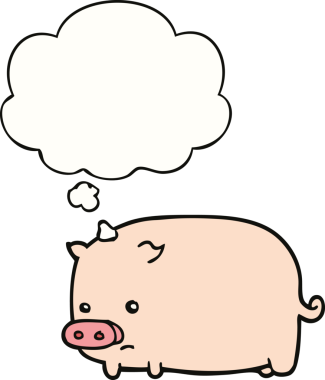 Bir insan tarafından çizilmiş düşünce baloncuklu şirin domuz.