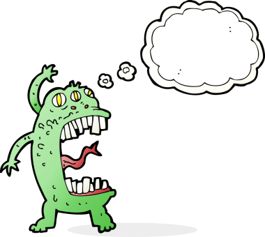 Bir insan tarafından çizilmiş düşünce baloncuğu olan çılgın bir canavar.