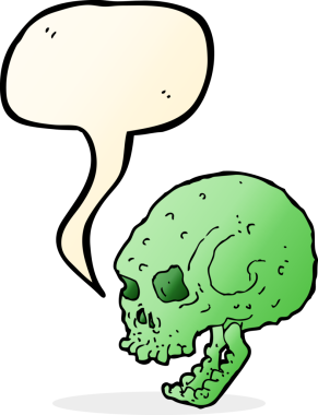 Bir insan tarafından çizilmiş konuşma baloncuğu olan karikatürümsü kafatası.