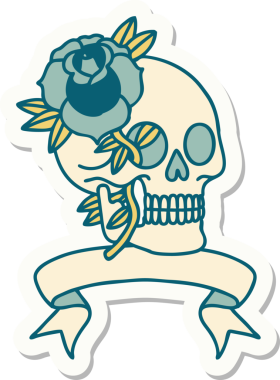 Bir insan tarafından çizilmiş kafatası ve gül şeklinde dövme stili.