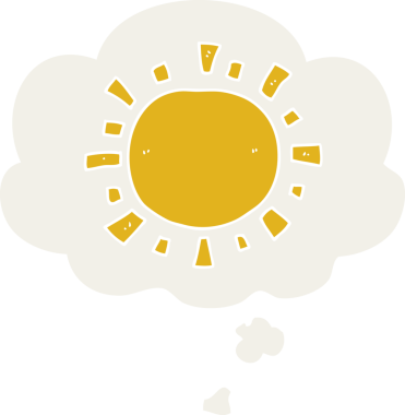 Düşünce baloncuklu karikatür güneşi bir insan tarafından çizilmiş.