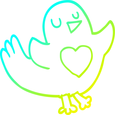 Bir insan tarafından çizilmiş aşk kalbi olan çizgi film kuşunun soğuk gradyan çizimi.