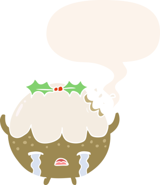 Karikatür noel pudingi insan tarafından çizilmiş eski usul bir konuşma balonuyla ağlıyor.