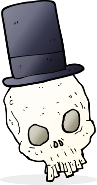 Bir insan tarafından çizilmiş silindir şapka giyen bir kafatası.