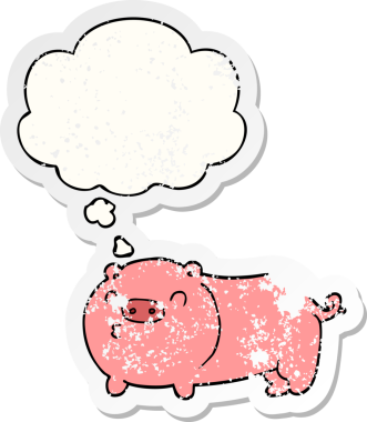 Düşünce baloncuklu çizgi film domuzu bir insan tarafından çizilmiş yıpranmış bir çıkartma.