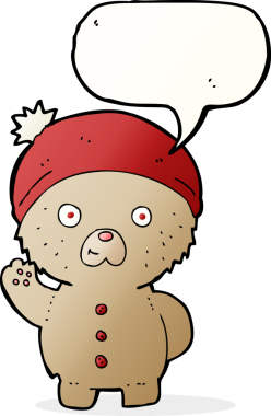 Bir insan tarafından çizilmiş konuşma baloncuğuyla kış şapkalı oyuncak ayıyı sallayan çizgi film.