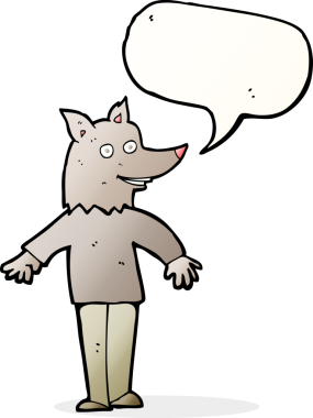 Bir insan tarafından çizilmiş konuşma balonu olan mutlu bir kurt adam.