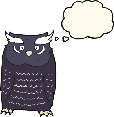 Bir insan tarafından çizilmiş düşünce baloncuklu çizgi film baykuşu