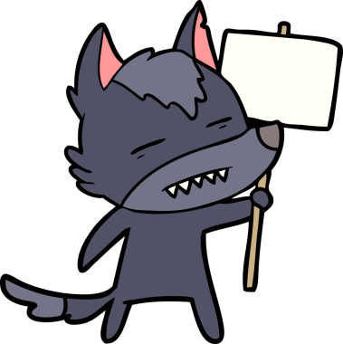 Bir insan tarafından çizilmiş dişleri gösteren işaret levhası olan çizgi film kurdu.