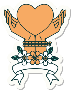 Dövme stili çıkartma. Elleri bağlı ve kalbi bir insan tarafından çizilmiş.