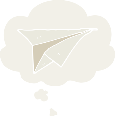 Düşünce baloncuğu olan karikatür kağıt uçak insan tarafından çizilmiş.