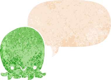 Grunge 'da konuşma baloncuğu olan sevimli ahtapot çizgi film karakteri bir insan tarafından çizilmiş tedirgin geçmiş dokuma tarzı