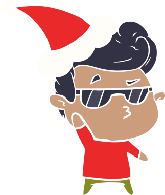 Bir insan tarafından çizilmiş Noel Baba şapkası giyen havalı bir adamın düz renkli çizimi.