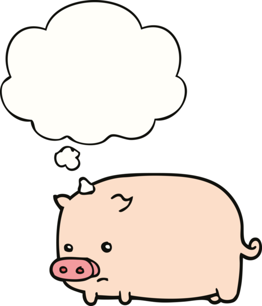 Bir insan tarafından çizilmiş düşünce baloncuklu şirin domuz.