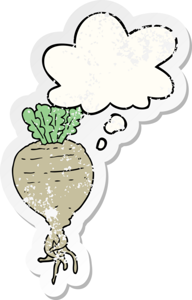 Düşünce baloncuğu olan karikatür kökü sebzesi insan tarafından çizilmiş yıpranmış bir çıkartma.