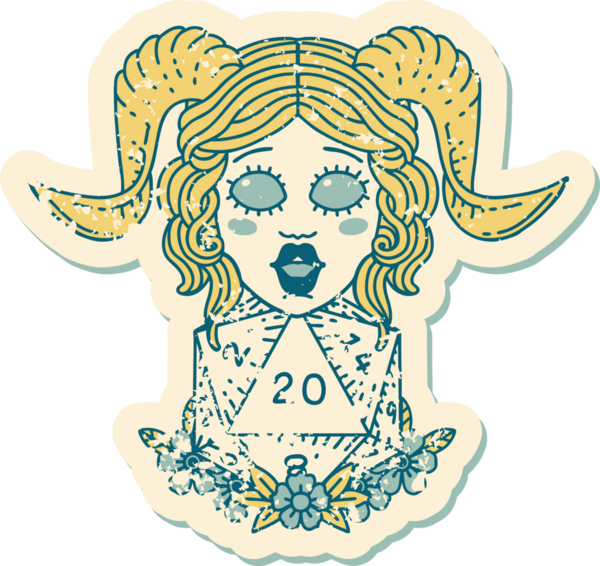 Bir insan tarafından çizilmiş doğal yirmilik zarla süslenmiş grunge çıkartması.