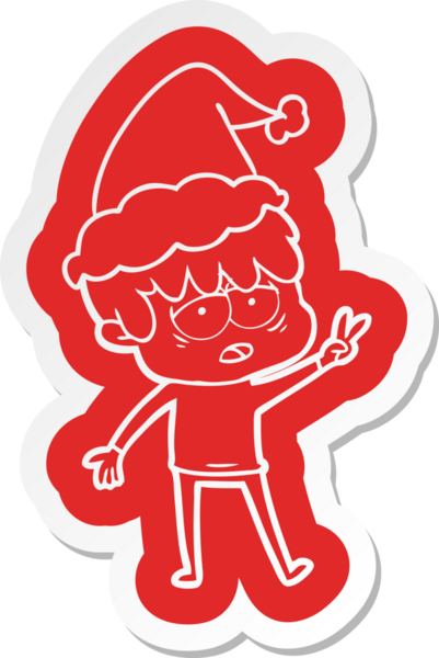 Bir insan tarafından çizilmiş Noel Baba şapkası giyen bitkin bir çocuğun garip çizgi film çıkartması.