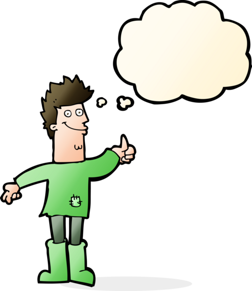 Bir insan tarafından çizilmiş düşünce baloncuğu olan paçavralar içinde pozitif düşünceli bir adam.