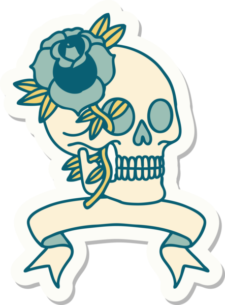 Bir insan tarafından çizilmiş kafatası ve gül şeklinde dövme stili.