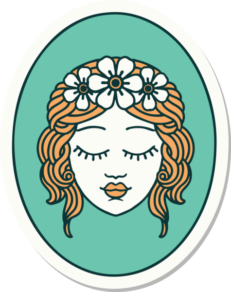 Geleneksel stil dövme çıkartması. Gözleri bir insan tarafından çizilmiş bir bakire.