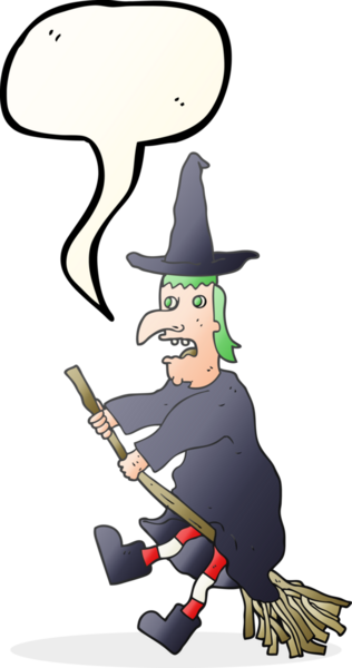 Bir insan tarafından çizilmiş süpürgeyle uçan serbest konuşma balonu çizgi filmi cadısı.