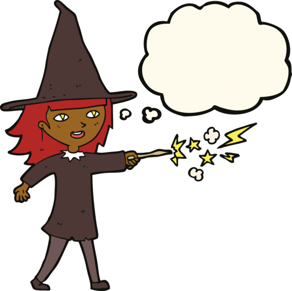 Karikatür cadısı bir insan tarafından çizilmiş düşünce balonuyla büyü yapıyor.