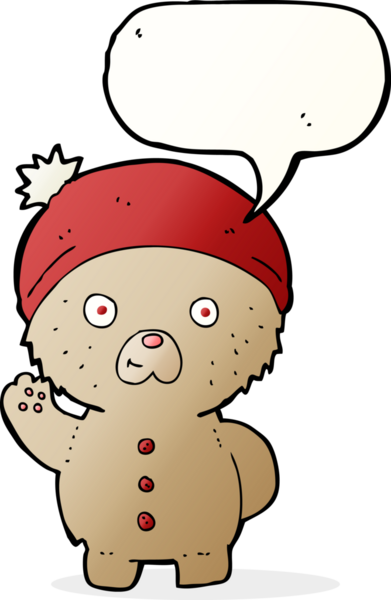 Bir insan tarafından çizilmiş konuşma baloncuğuyla kış şapkalı oyuncak ayıyı sallayan çizgi film.