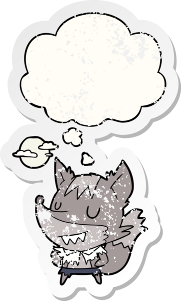 Düşünce baloncuğu olan karikatür kurtadam insan tarafından çizilmiş yıpranmış bir çıkartma.